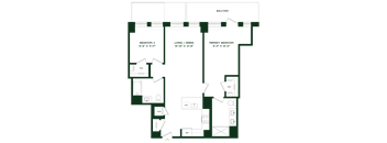 A floor plan of a house with a balcony and three bedrooms.