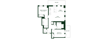A floor plan of a house with a balcony, two bedrooms, a living room, a dining room, and a kitchen.
