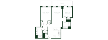 A floor plan of a balcony with three bedrooms and a living/dining area.