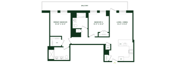 A floor plan of a balcony with three bedrooms and a living/dining area.
