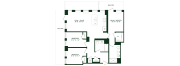 A floor plan of a house with a balcony, living/dining area, and three bedrooms.