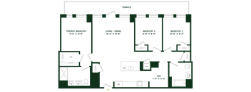 A floor plan of a house with a primary bedroom, a living/dining area, and three additional bedrooms.