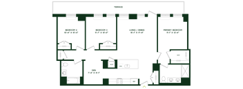 A floor plan of a house with four bedrooms and a living area.