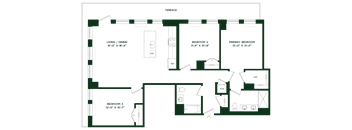 A floor plan of a house with three bedrooms and a living area.
