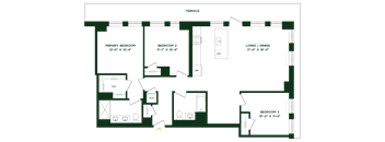 A floor plan of a house with three bedrooms and a living/dining area.
