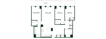 A floor plan of a balcony with four bedrooms and a living/dining area.
