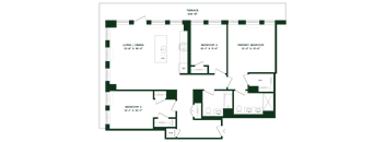 A floor plan of a small apartment with a living room, dining room, and three bedrooms.