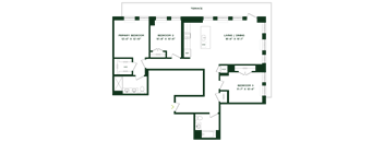 A floor plan of a house with three bedrooms and a living/dining area.