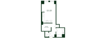 A floor plan of a two-bedroom apartment with a living and dining area.