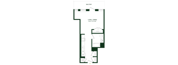 A floor plan of a balcony with a living and dining area.