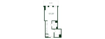 A floor plan of a balcony and living/dining area.