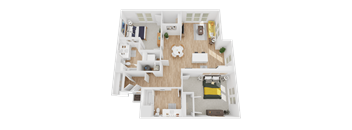 A 3D floor plan of a house with a living room, kitchen, and two bedrooms.