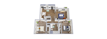 A 3D floor plan of a small apartment with two bedrooms, a living room, a kitchen, and a bathroom.