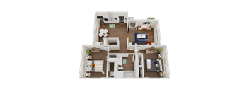 A 3D floor plan of a small apartment with two bedrooms, a living room, and a kitchen.