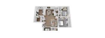 A top-down view of a modern, well-organized apartment layout.