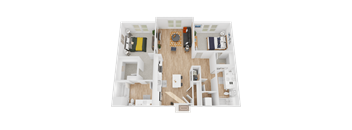 A top-down view of a well-furnished apartment with a living room, kitchen, and two bedrooms.