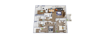 A detailed 3D floor plan of a two-bedroom apartment.