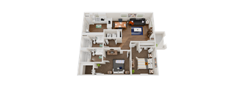 A 3D floor plan of a two-bedroom apartment with a living room, kitchen, and bathroom.