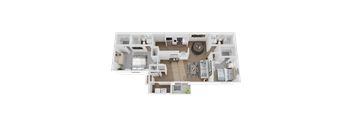 A top-down view of a modern, well-furnished apartment.