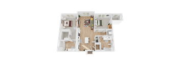 A 3D floor plan of a house with a kitchen, living room, dining room, and two bedrooms.