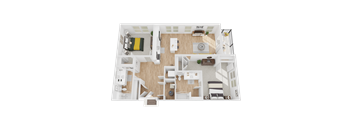 A 3D floor plan of a house with a kitchen, living room, and bathroom.