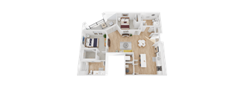 A 3D floor plan of a house showing a kitchen, living room, and two bedrooms.