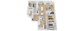 A 3D floor plan of a house with a living room, kitchen, dining room, and two bedrooms.