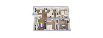 A 3D floor plan of a house with a living room, kitchen, and bedrooms.
