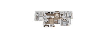 A 3D floor plan of a house showing a living room, kitchen, dining area, and bedrooms.