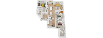 A floor plan of a two-story apartment with a living room, kitchen, dining room, and bedrooms.