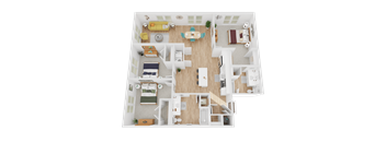 A 3D floor plan of a house with multiple rooms and furniture.