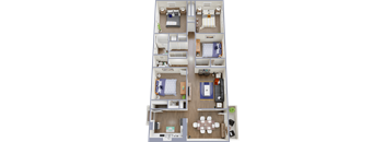 A floor plan of a two bedroom apartment with a living room and a kitchen.