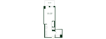 A floor plan of a living and dining area with a balcony.