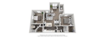 A 3D floor plan of a house with multiple rooms and furniture.