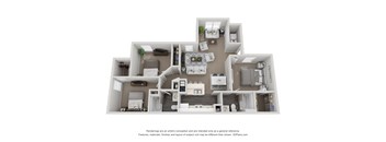A 3D floor plan of a house with multiple rooms and furniture.