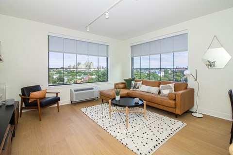 A living room with a brown couch and a black and white rug.