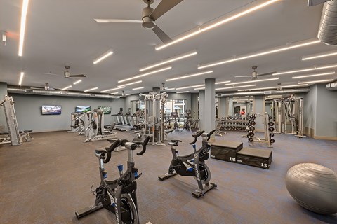 A gym with a variety of exercise equipment including treadmills, stationary bikes, and weight machines.