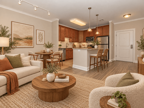 A well-lit, modern kitchen and living room with a dining table and chairs.