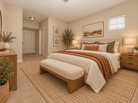 A bedroom with a large bed and a painting on the wall.