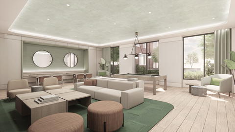 A modern living room with a green rug and a glass wall.