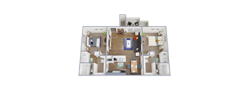 A 3D floor plan of a house with multiple rooms and furniture.