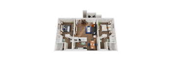 A 3D floor plan of a house with two bedrooms, a living room, a kitchen, and a bathroom.
