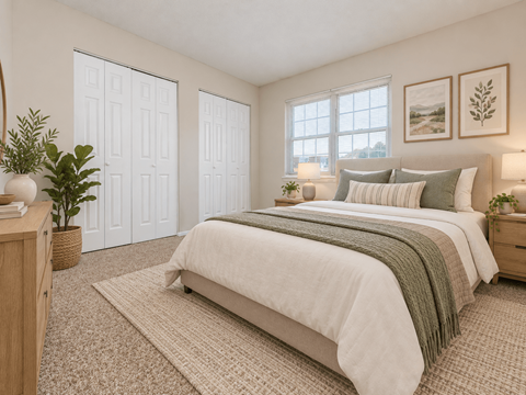 A bedroom with a large bed and a window.