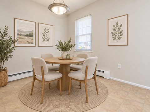 A dining room with a round table and chairs.
