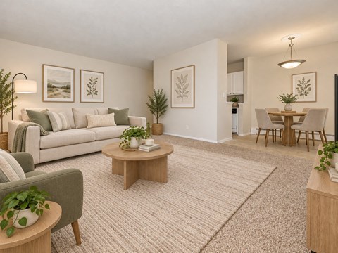 A living room with a couch, coffee table, and potted plants.