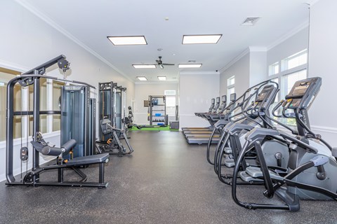 A gym with a variety of equipment including treadmills, weight machines, and a rowing machine.