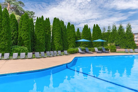 A swimming pool surrounded by trees and lounge chairs.