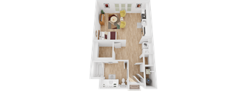A top-down view of a living room with a sofa, coffee table, and a rug.