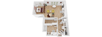 A 3D floor plan of a house with a living room, kitchen, and two bedrooms.