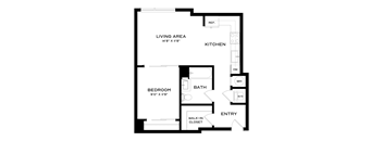 A drawing of a house plan with a living area, kitchen, bedroom, bath, and entry.